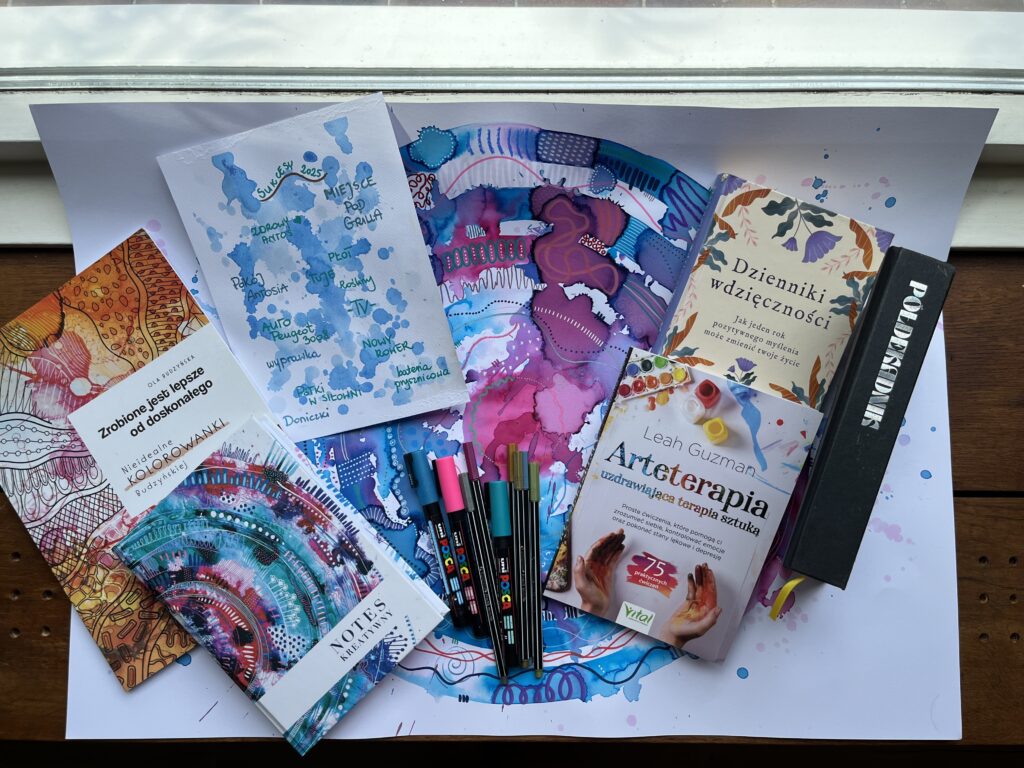 narzedzia rozwojowe mandala płynąca arteterapia Leah Guzman dzienniki wdzięczności pół dekadnik Justyna mazur dla budzyńska pracownia notes kreatywny kolorowanki dla dorosłych